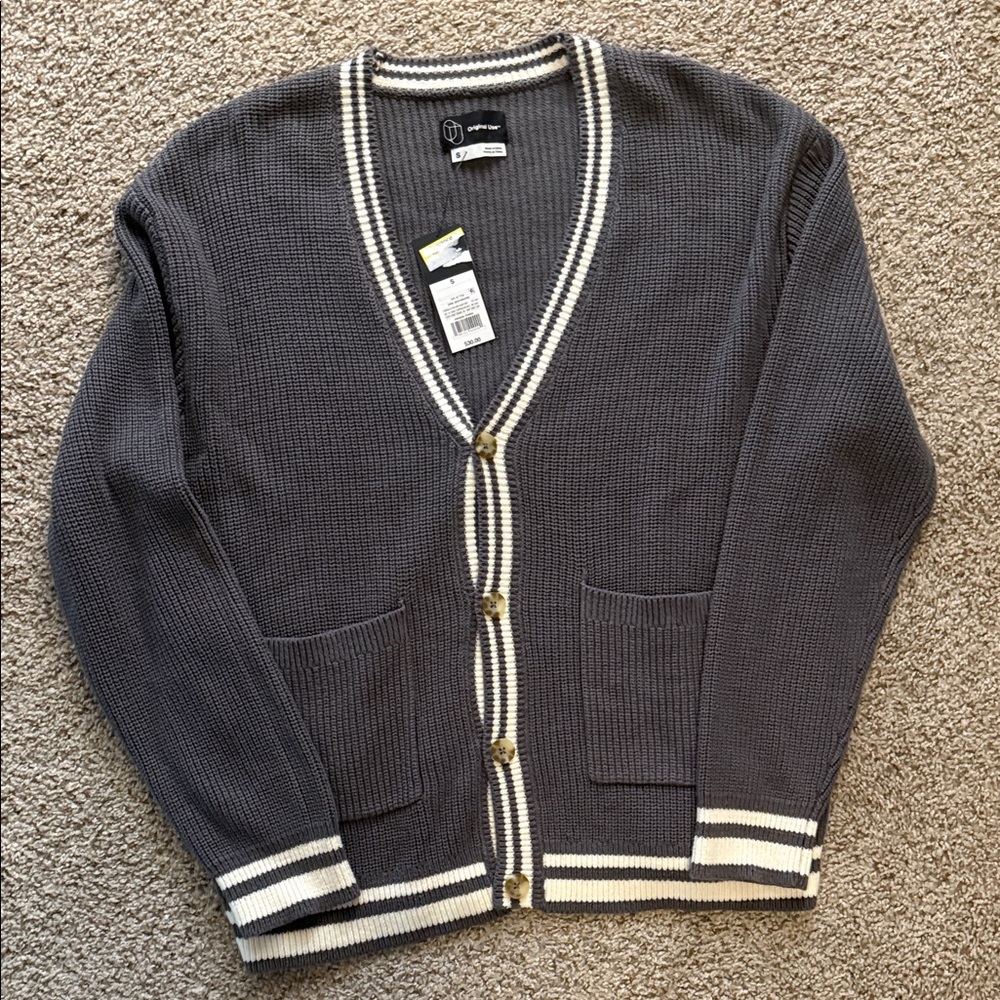 NWT Original Use Charcoal Cardigan with White Trim Sz small